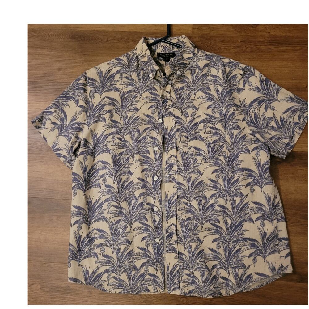 Banana Republic mens L linen palm tree print short sleeve dress shirt